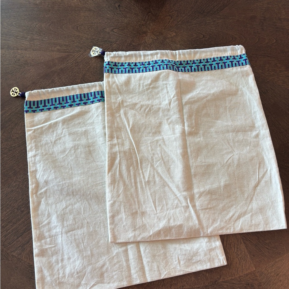 Tory Burch set of 2 canvas dust bags with Blue and purple Trim. 12”x15”